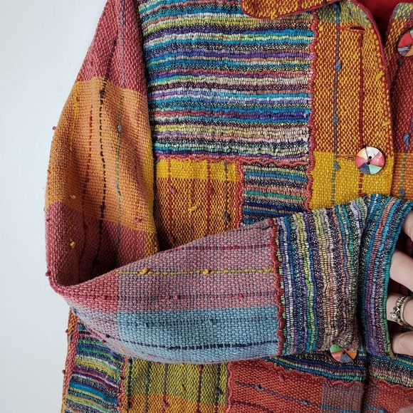TravelSmith Woven Jacket M Button Front Multicolor Stripe Check‎ Boho Tweed - Picture 2 of 8